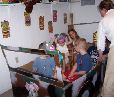 This is a jungle car made from a refrigerator box. The kids loved it!