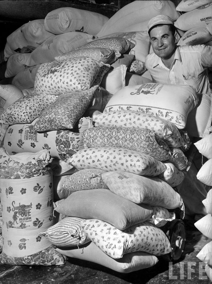 When feed mills realized women were using their sacks to make clothes for their children, the mills started using flowered fabric for their sacks. The label was designed to wash out.