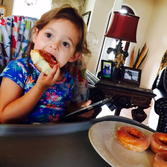 She asked for 5 donuts but her dad only gave her 4. FYI-She ate 2!