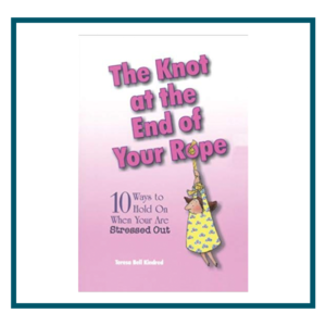 pink book with animated woman hanging from end of a rope