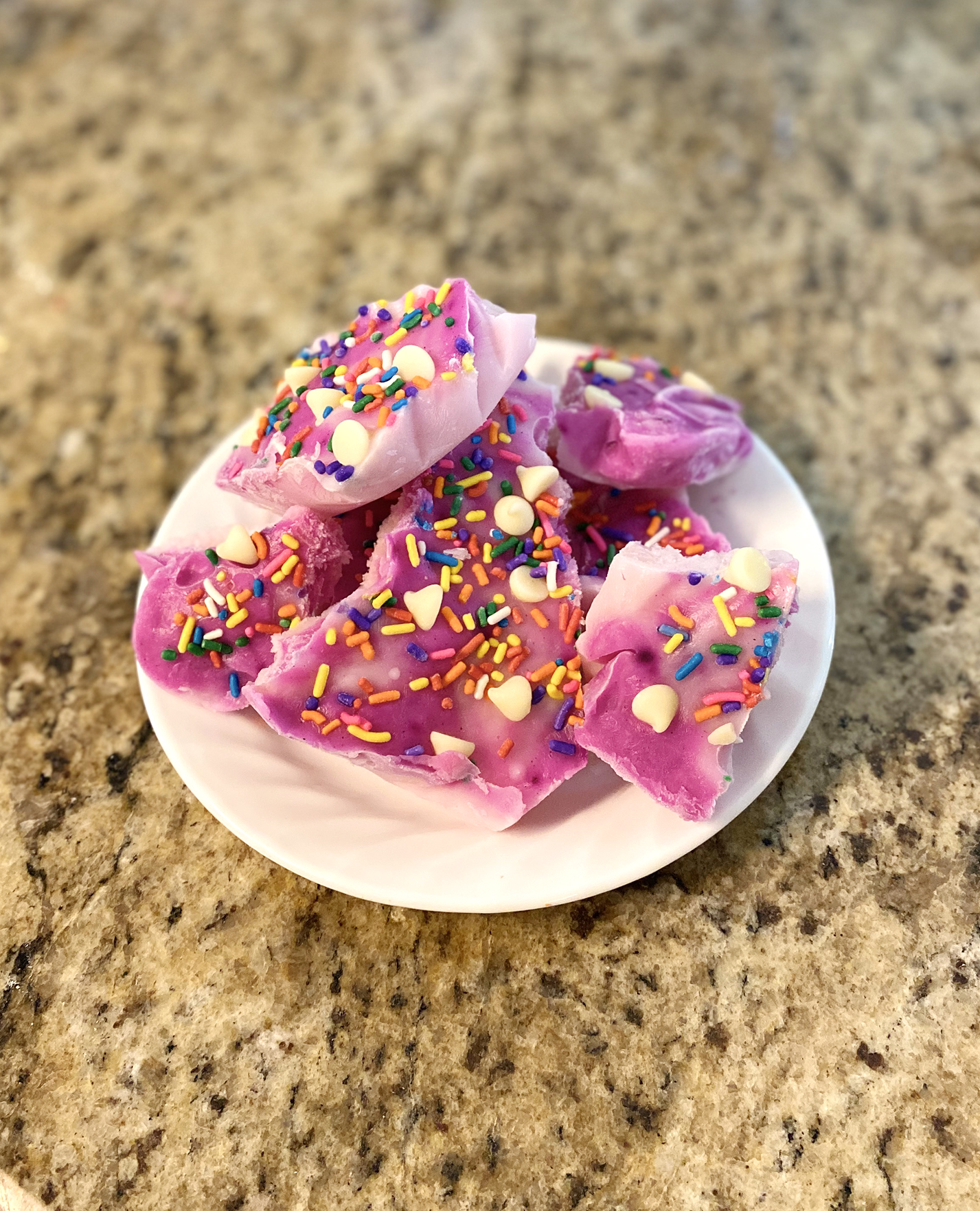 purple frozen yogurt bark with candy sprinkles
