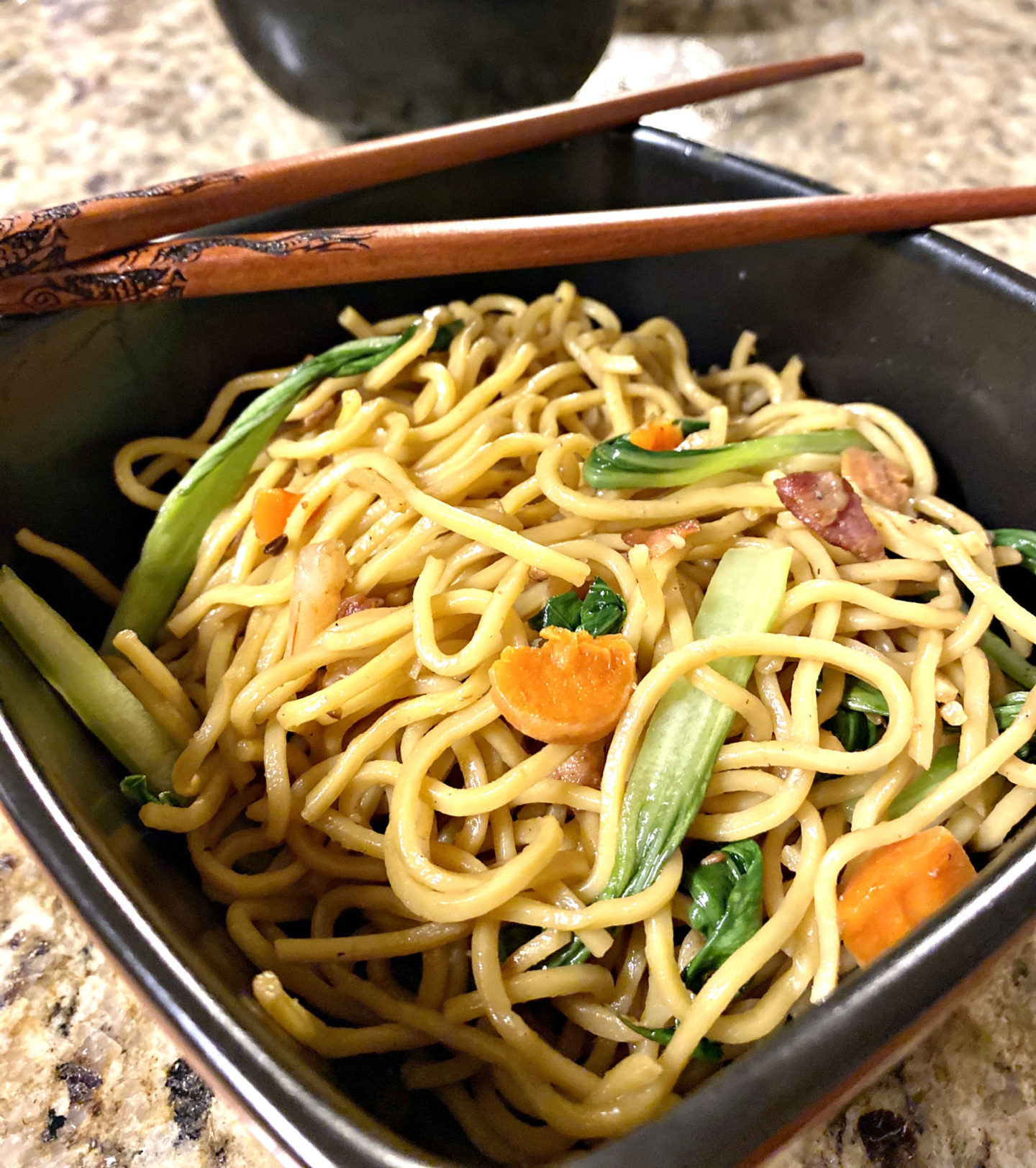 pancit noodles with vegetables in bowl closeup 2