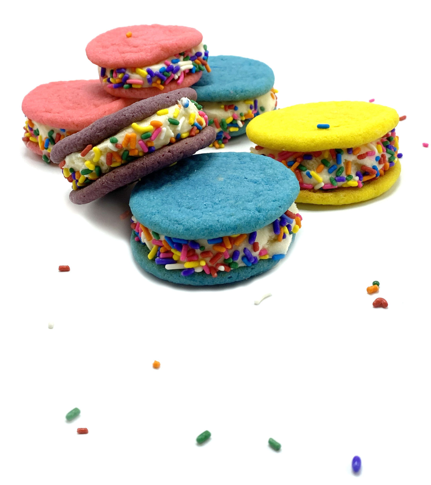 6 colorful rainbow sprinkle sugar cookie ice cream sandwiches