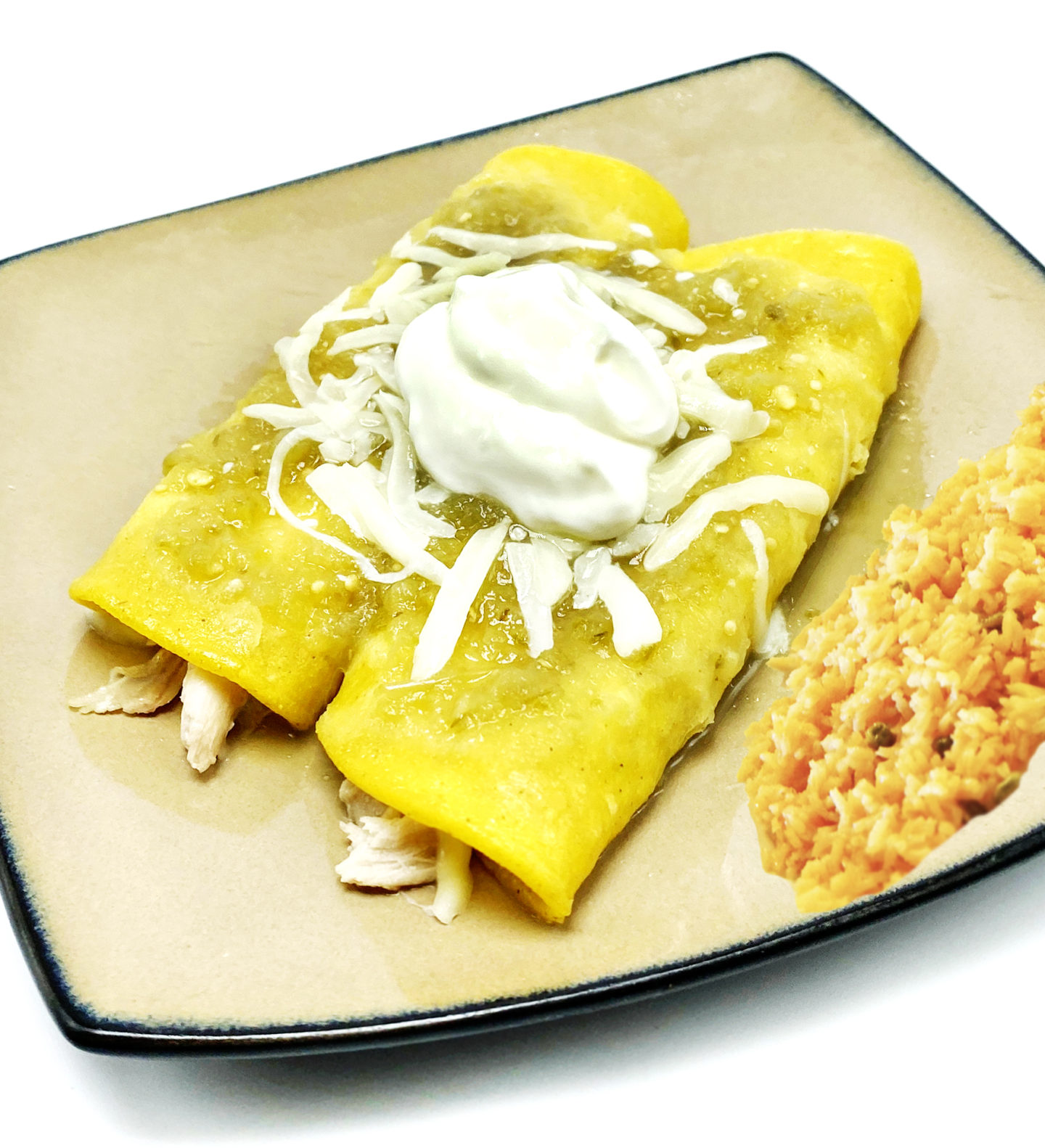 chicken enchiladas with green sauce and cheese  with rice