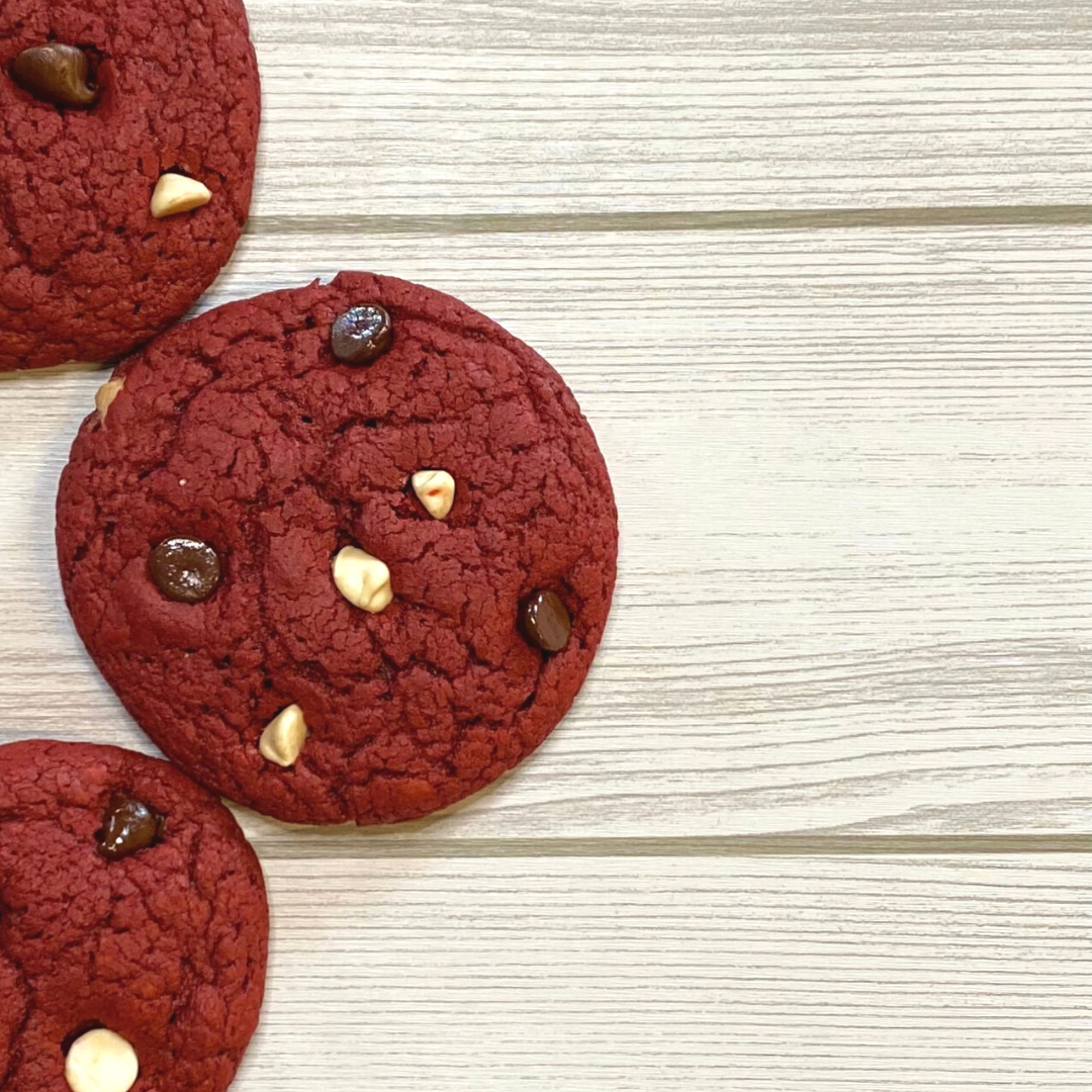 close up of red velvet chocolate chip cookies