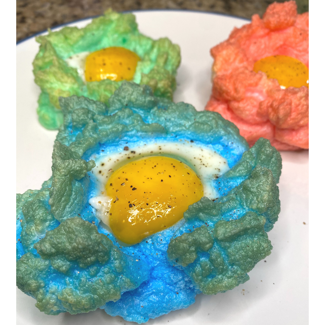 colorful over easy cloud eggs on a plate