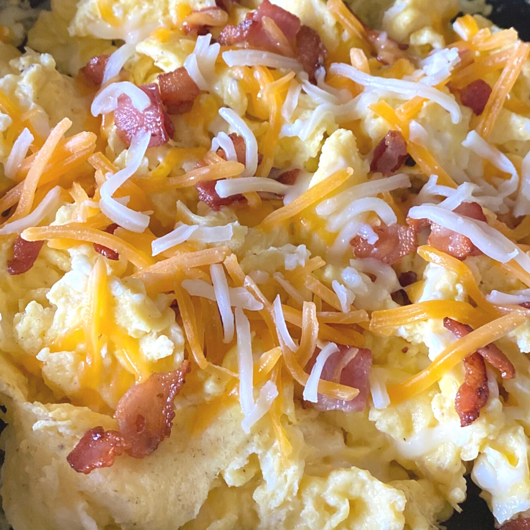 egg bacon and cheese scramble closeup