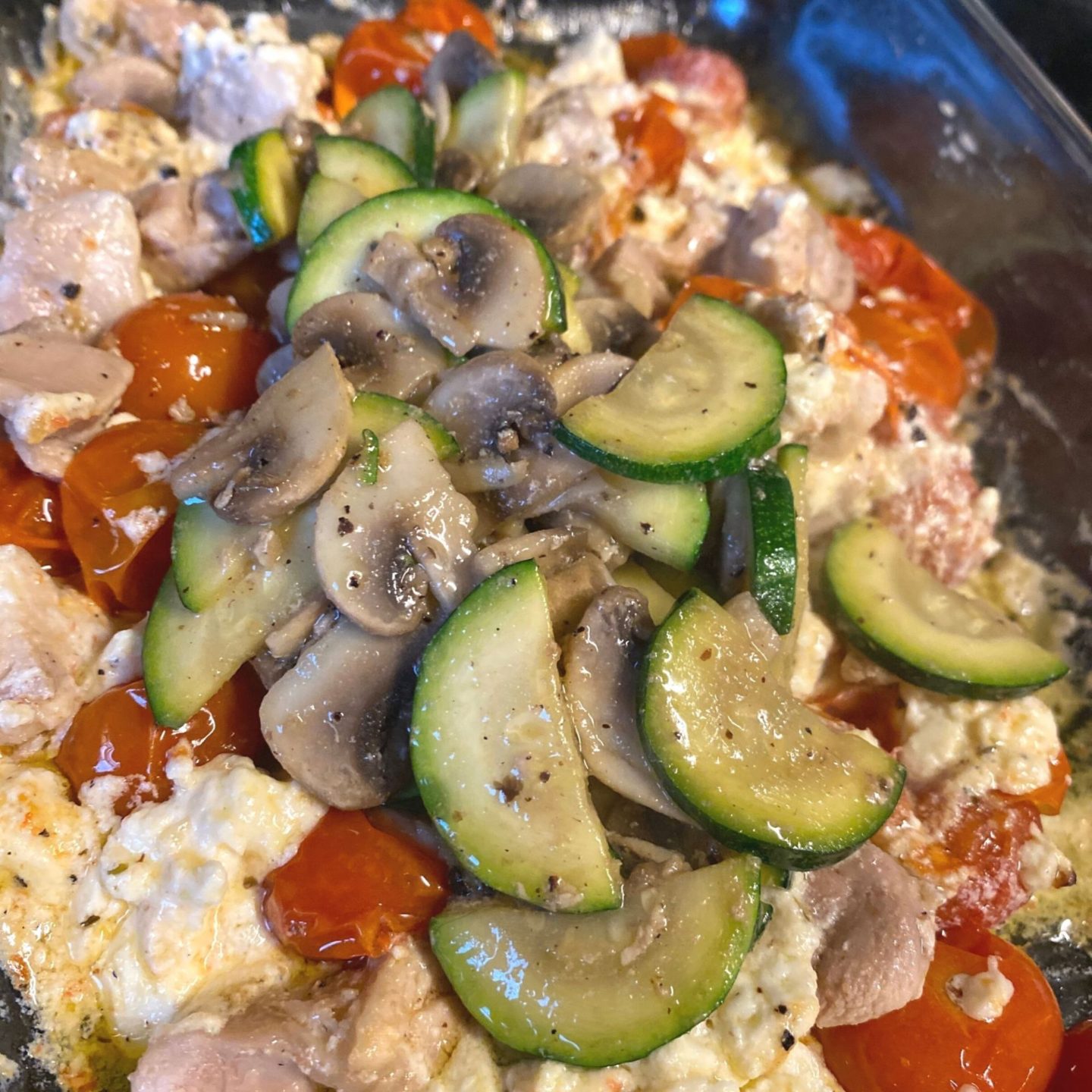 close up of Chicken Vegetable feta pasta