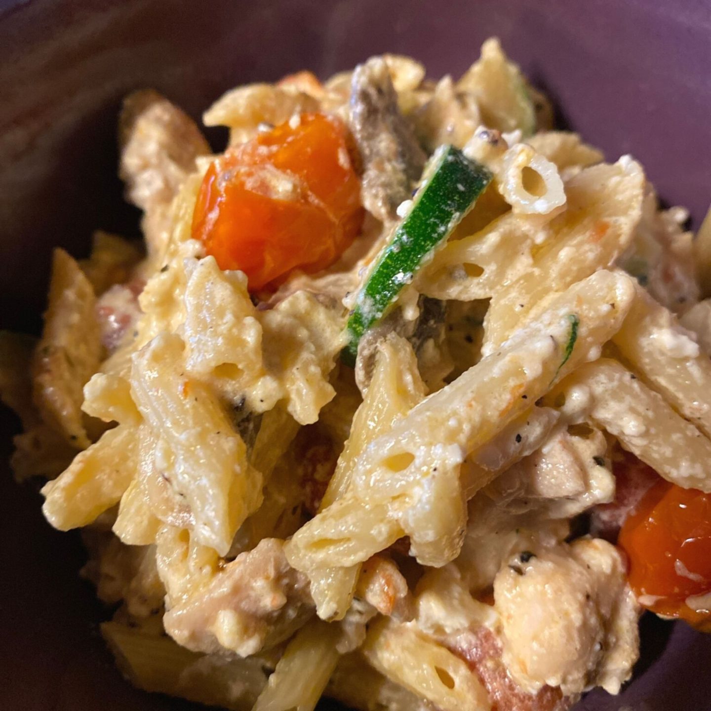 closeup of Chicken Vegetable feta pasta in bowl