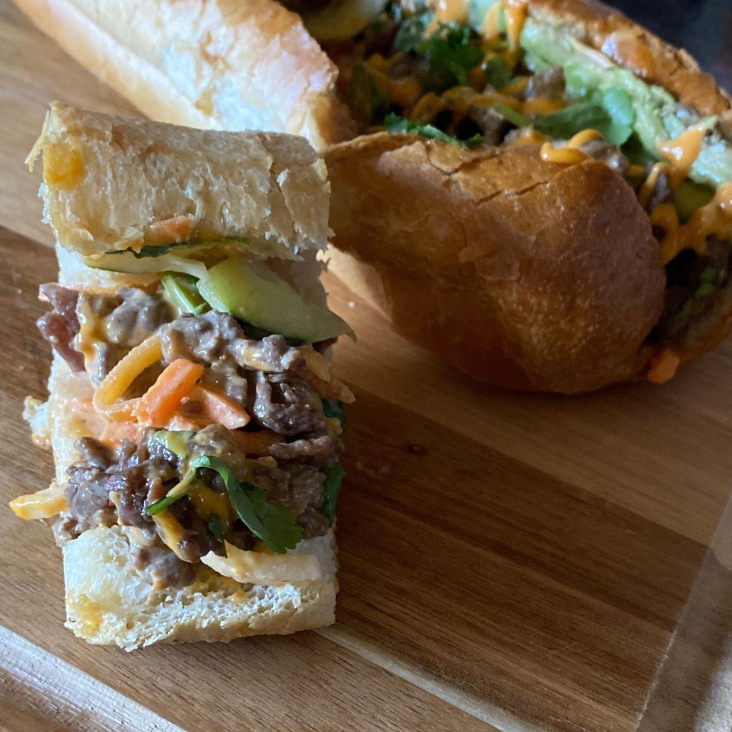 vegetable and korean marinated beef sandwich