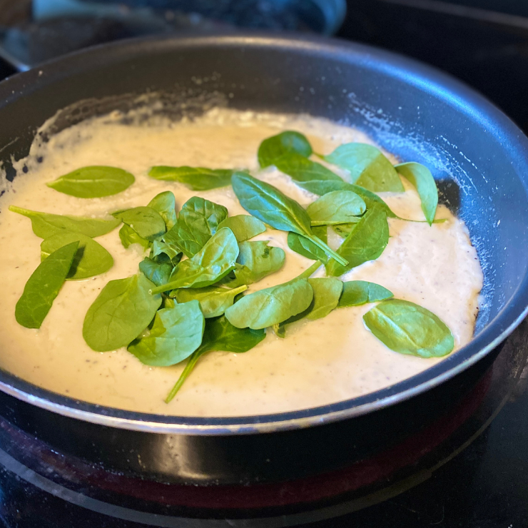 alfredo with fresh spinach on stove