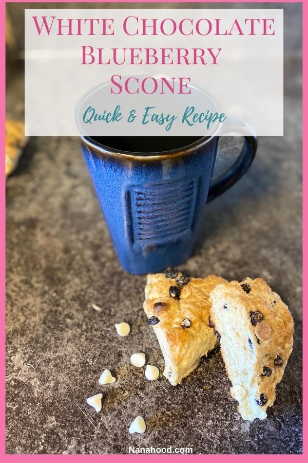 white chocolate blueberry scones and coffee mug