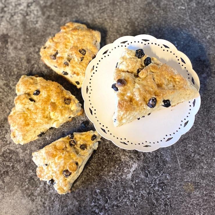 white chocolate blueberry scones top view
