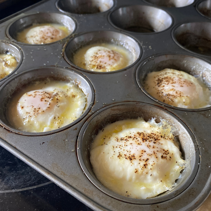poached eggs in cupcake tin