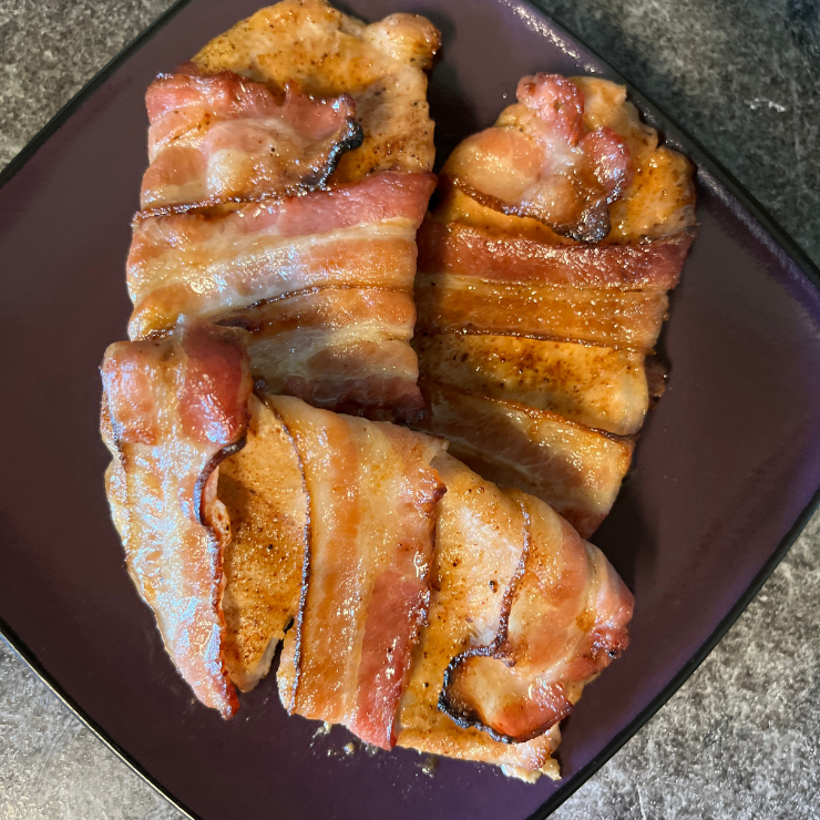top view of bacon wrapped pork chops