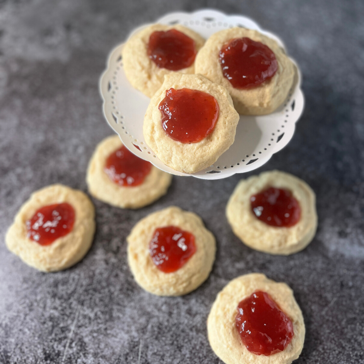 top view of strawberry thumbprint cookies