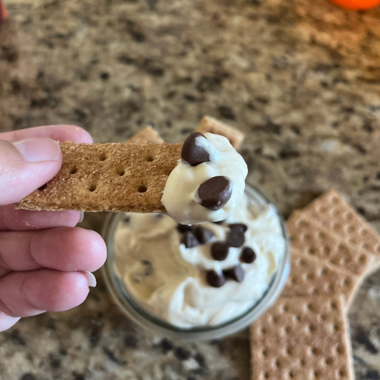 no bake chocolate chip cookie dough dip on graham cracker