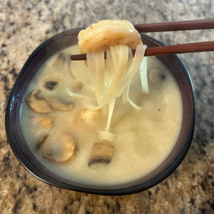 closeup of shrimp glass noodle soup