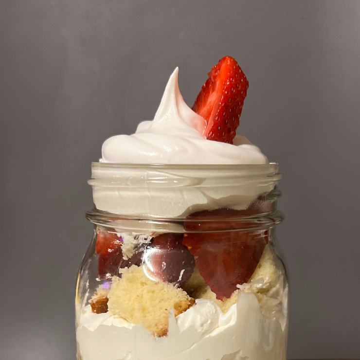 close up of top view of strawberry pound cake mason jar dessert