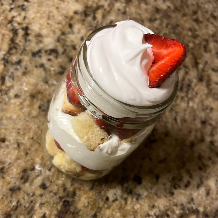 top view of strawberry pound cake mason jar dessert