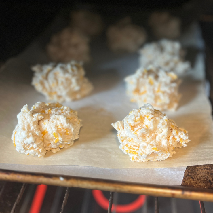CopyCat Red Lobster Cheddar Biscuit dough balls in oven