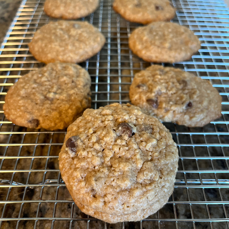 close up of oatmeal chocolate chip cookies on cooling rack